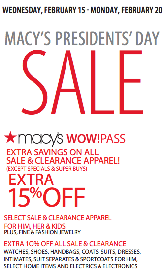 Macy’s Wow Savings Pass 15% Off #Coupon For President’s Day – The Unemployed Mom