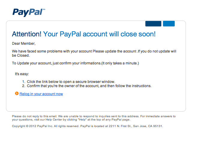 Attention Your PayPal Account Will Close Soon Fake Email Message