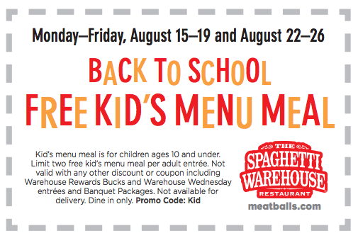 Spaghetti Warehouse Free Kid's Meal